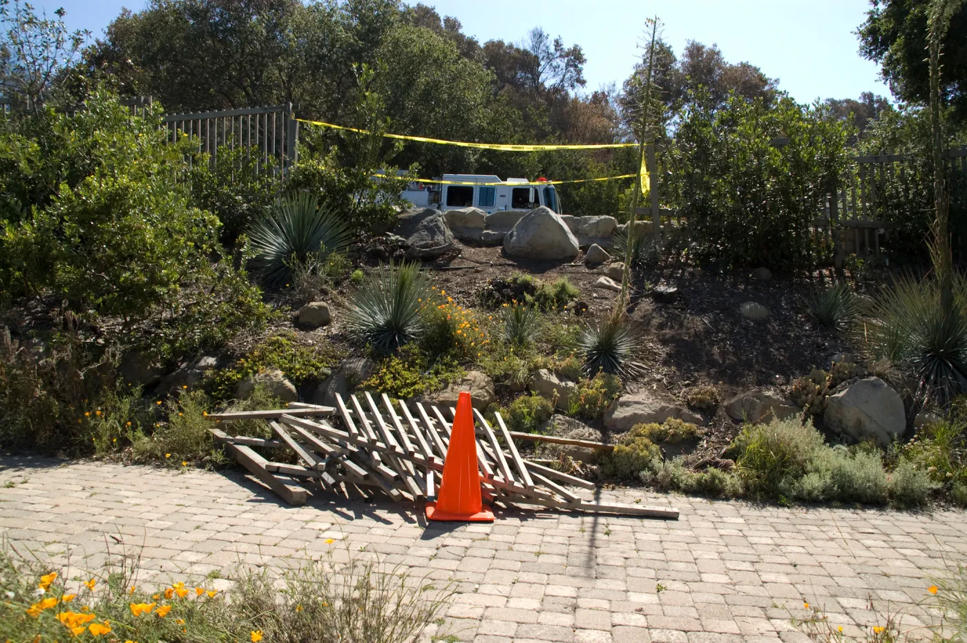 Santa Barbara Botanic Garden after the Jesusita Fire, broken fence