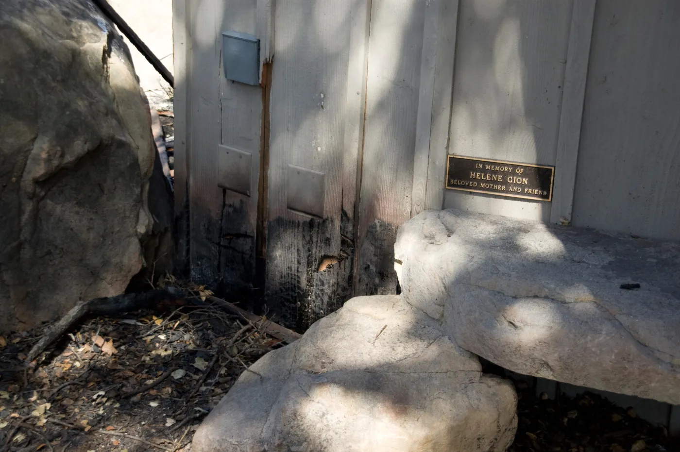Santa Barbara Botanic Garden after the Jesusita Fire, burned wall of Information Kiosk