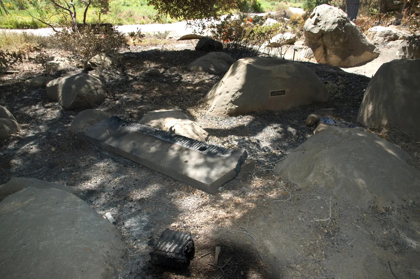 burned wood bench, Santa Barbara Botanic Garden after the Jesusita Fire