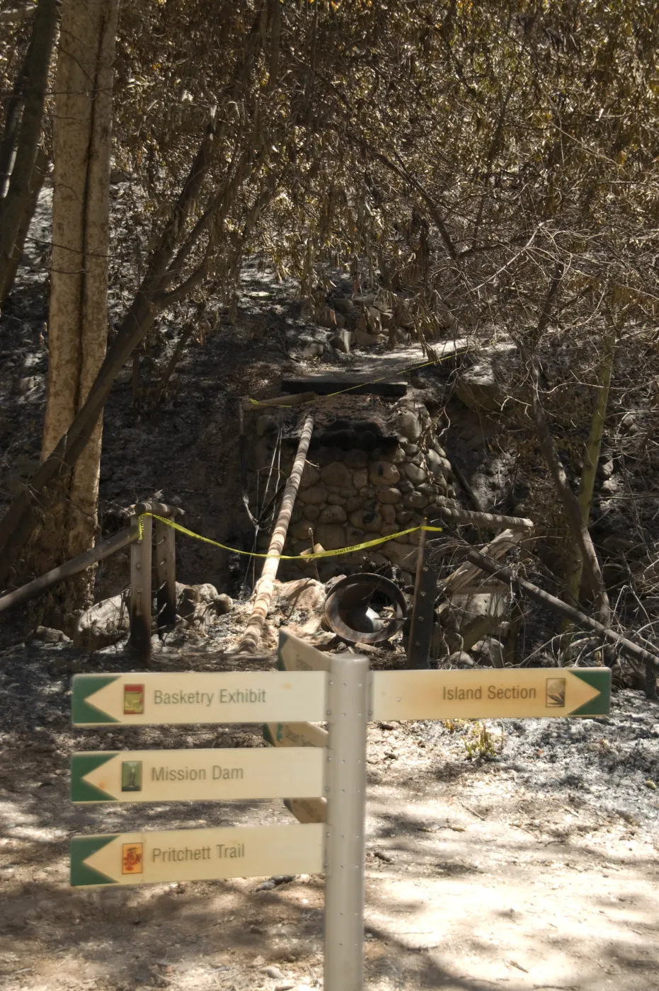 Campbell Bridge and directional sign after the Jesusita Fire