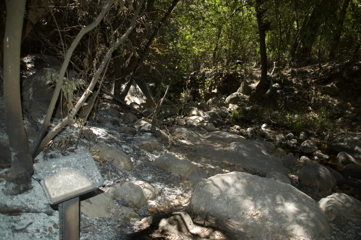 burned sign at lower end of Creek Trail after the Jesusita Fire