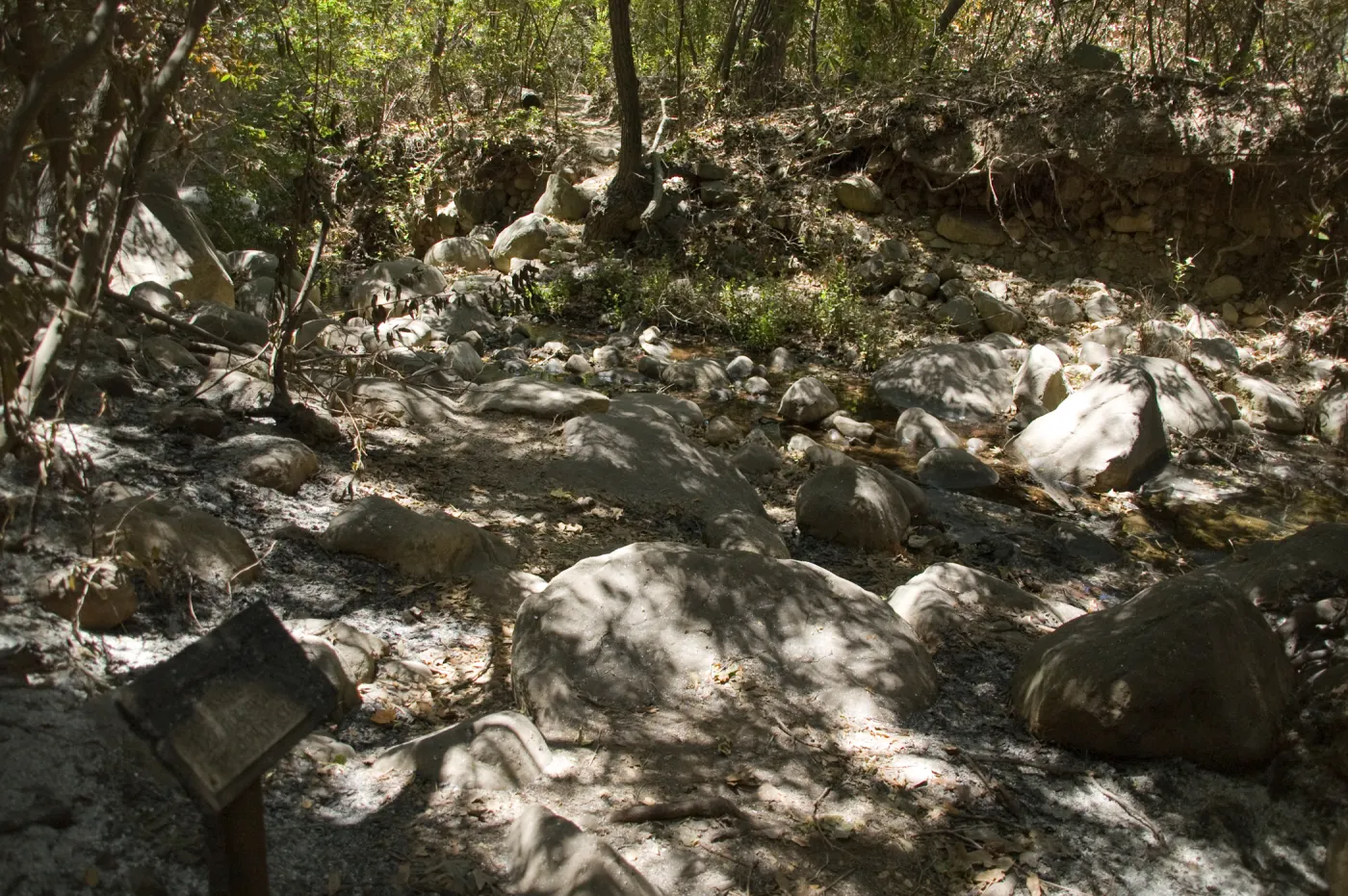 burned sign at lower end of Creek Trail after the Jesusita Fire