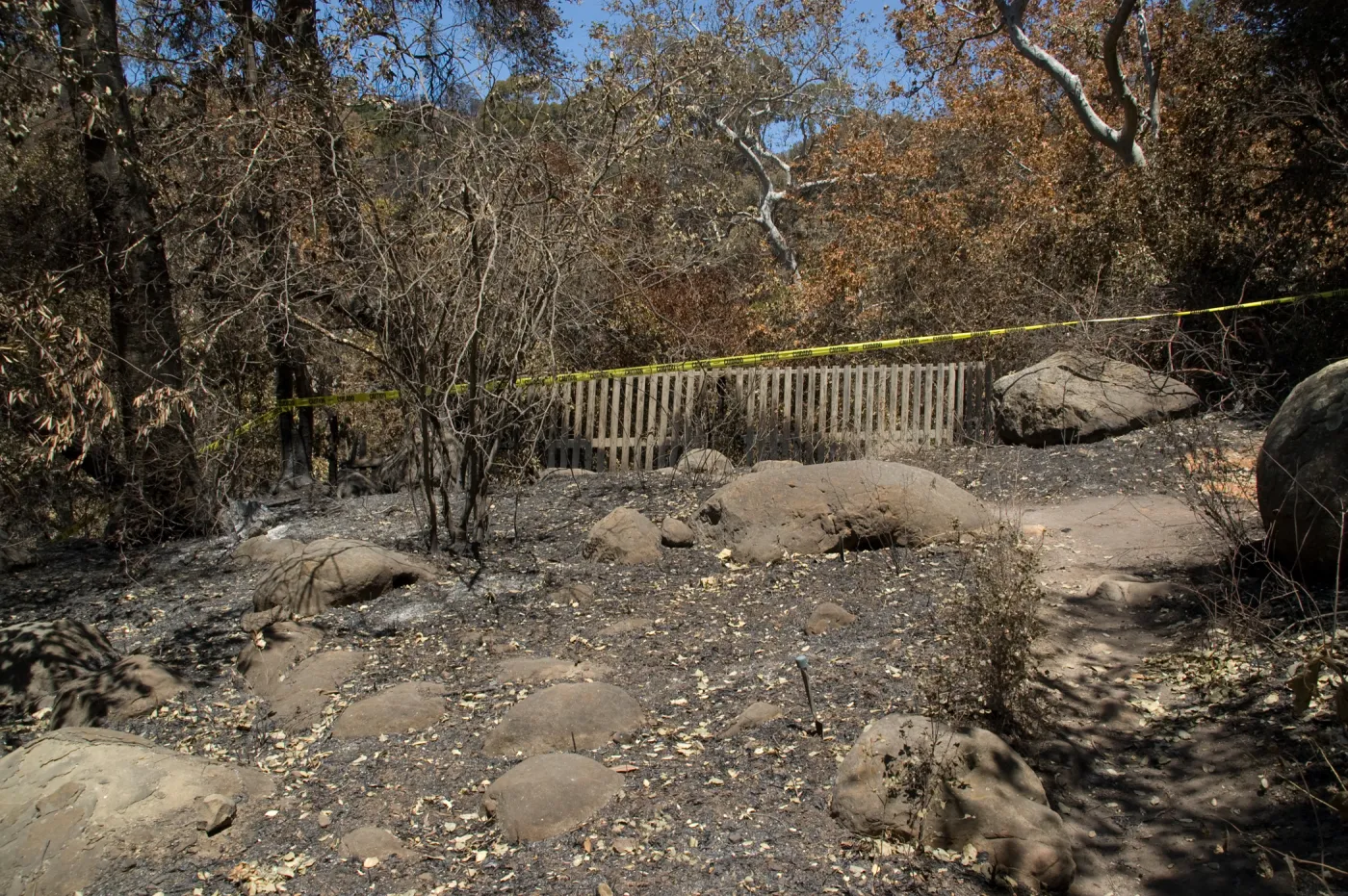 burned fence behind Picnic Area after the Jesusita Fire