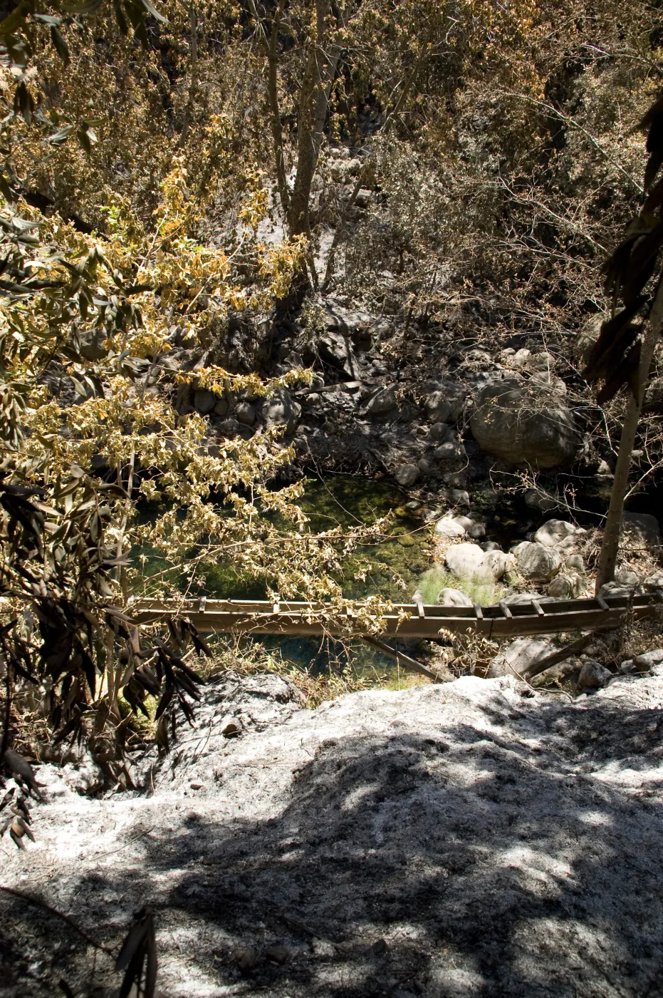 old wooden aqueduct below Mission Dam after the Jesusita Fire