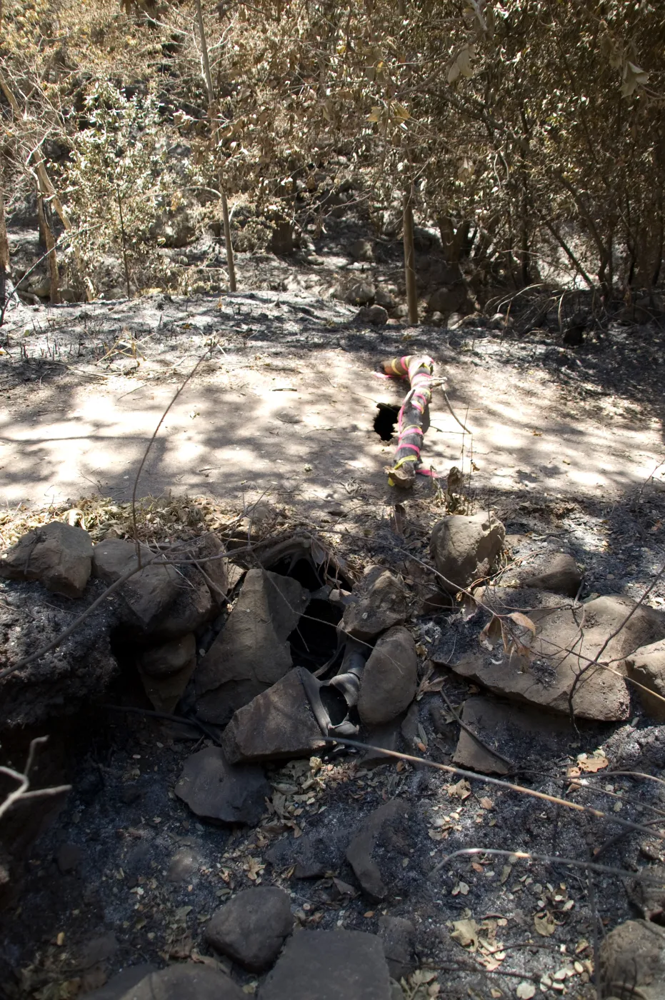 Collapsed drainage culvert and pipe under Canyon Trail after the Jesusita Fire