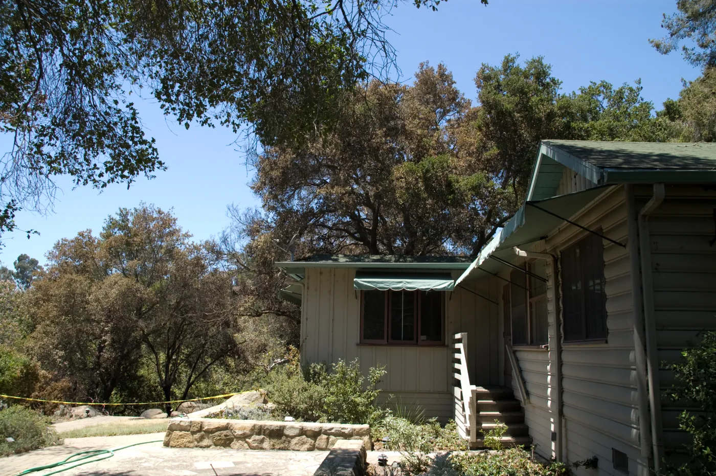 back of Cottage with view of burned oaks behind after the Jesusita Fire