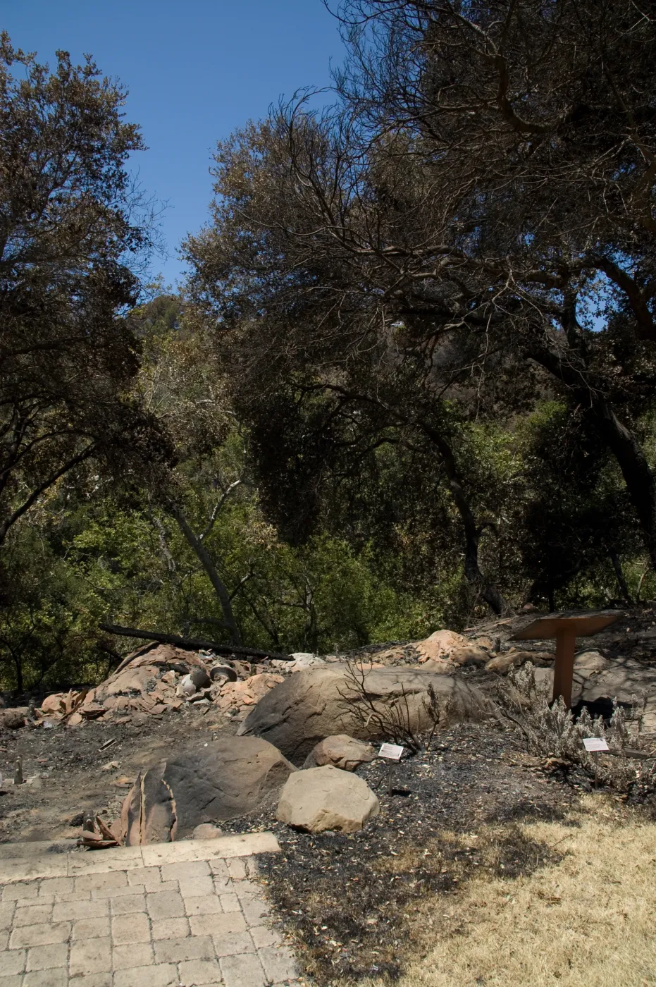 burned wood deck along canyon rim after the Jesusita Fire