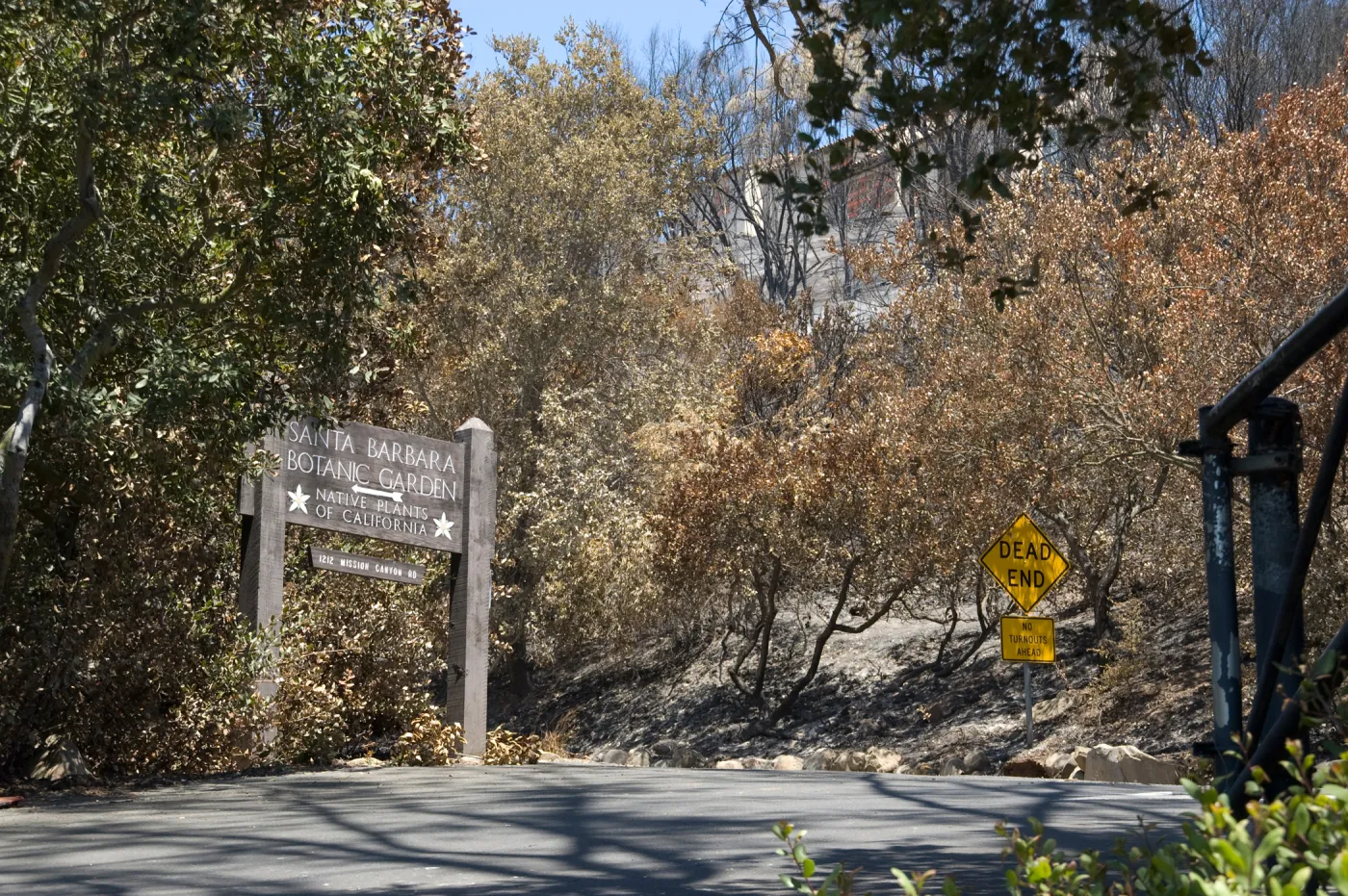 Parking lot entry of the Santa Barbara Botanic Garden after the Jesusita Fire