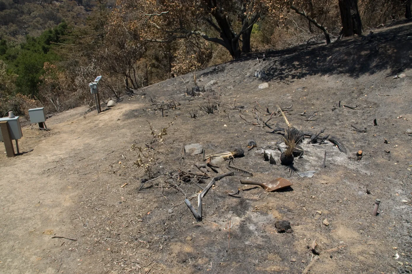 burned slope, tools and equipment after the Jesusita Fire