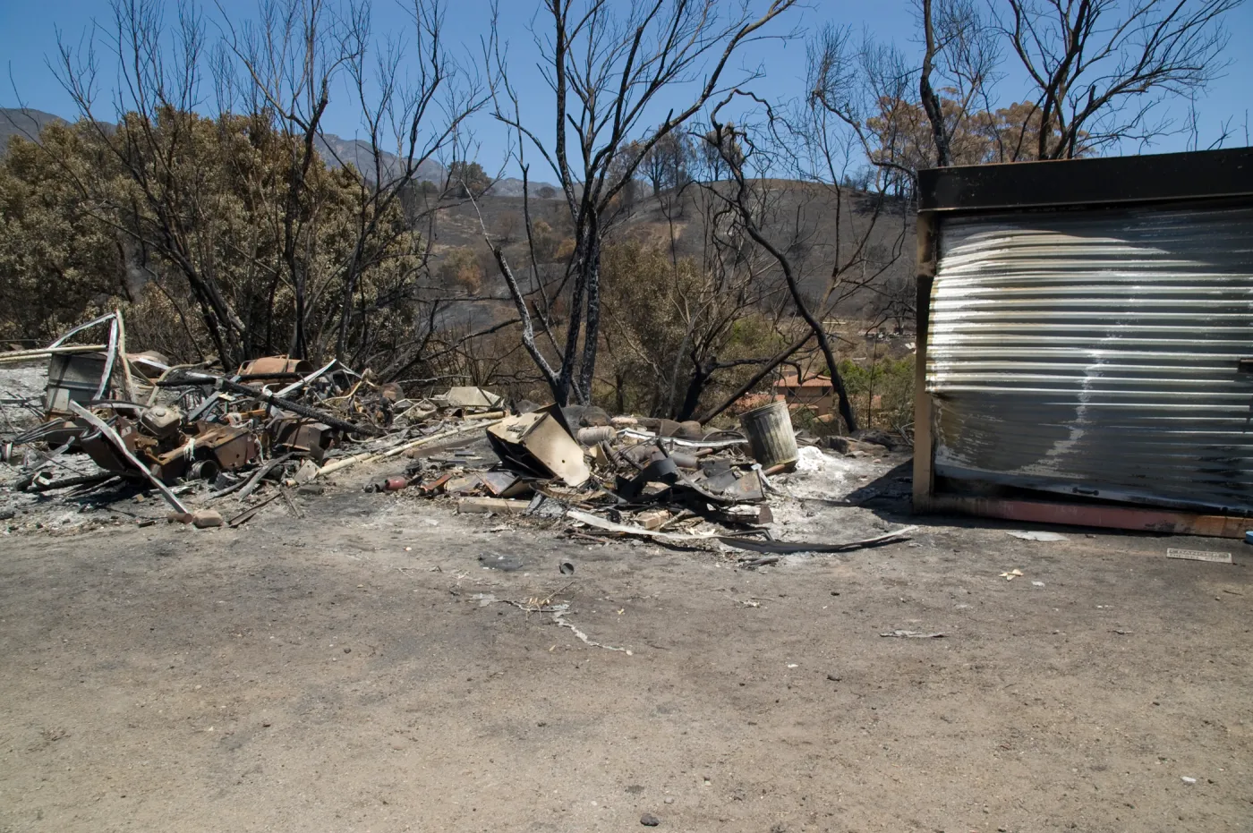storage shed and debris at Gane House site, after the Jesusita Fire