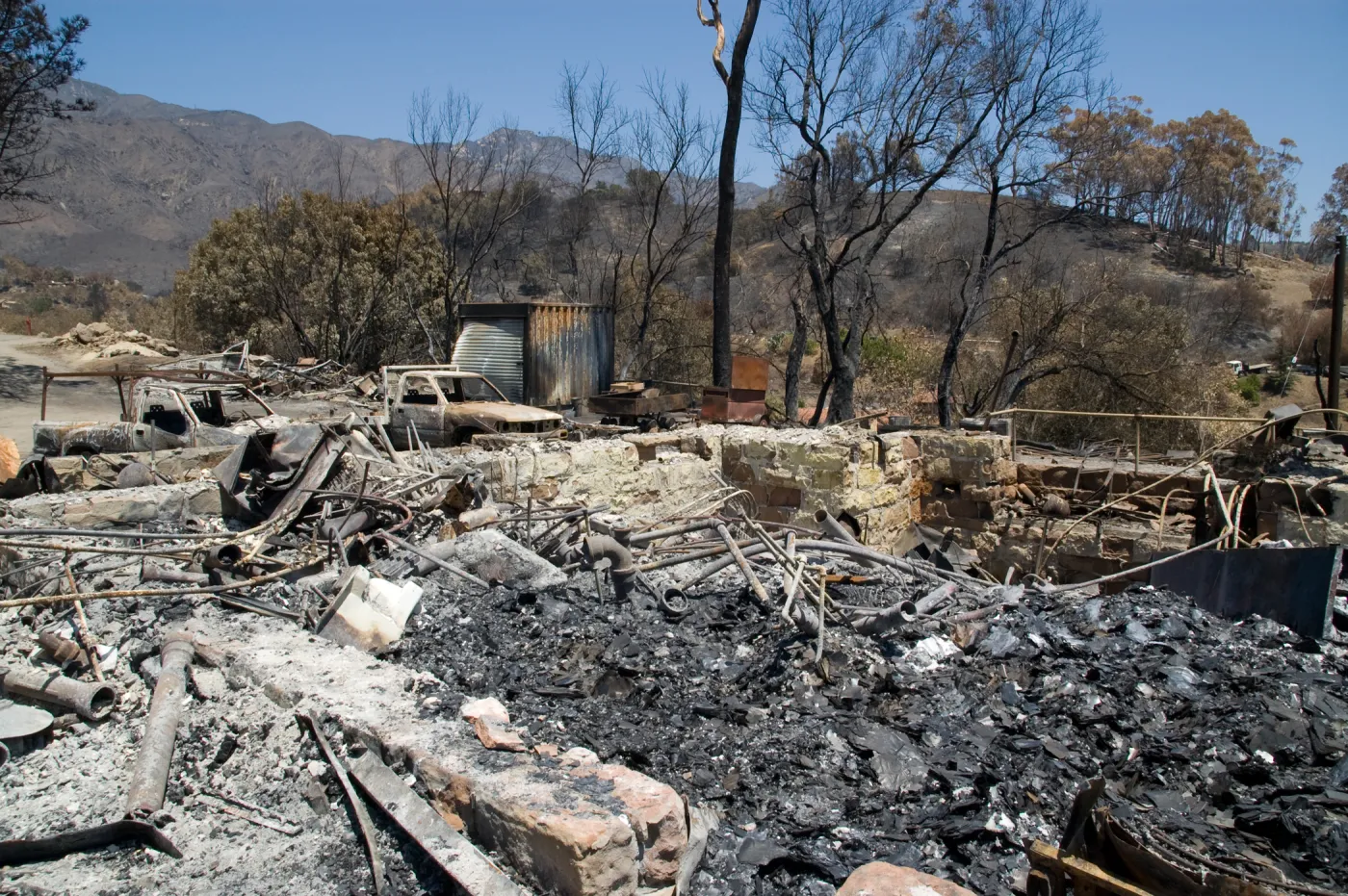 Gane House site, after the Jesusita Fire, view of burned Santa Ynez Mountain slopes behind