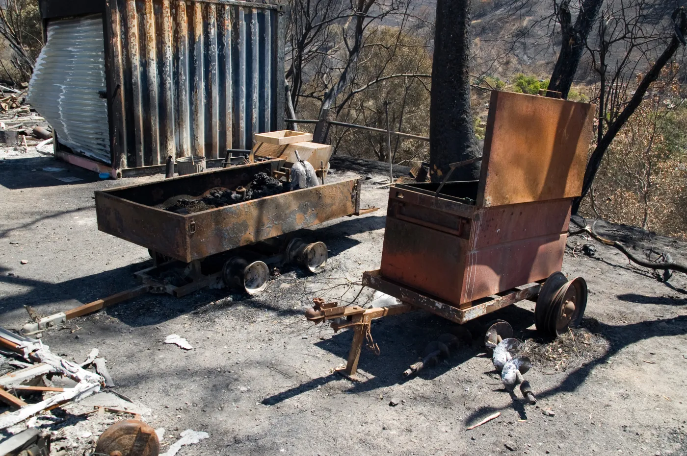 burned tools and equipment at the Gane House after the Jesusita Fire