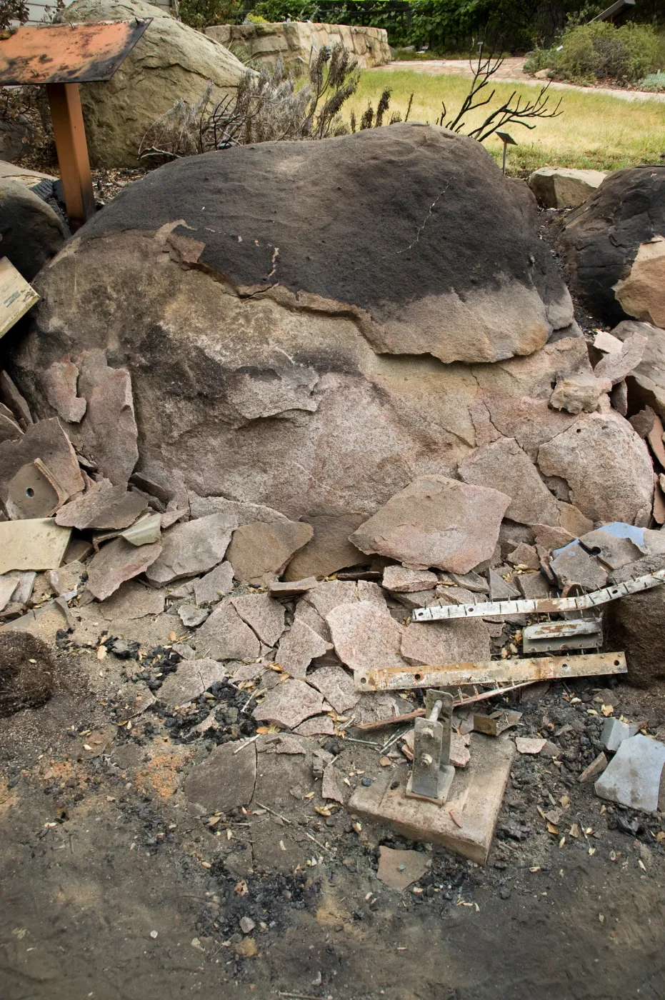 burned sandstone rock at the Home Demonstration Garden deck, after the Jesusita Fire