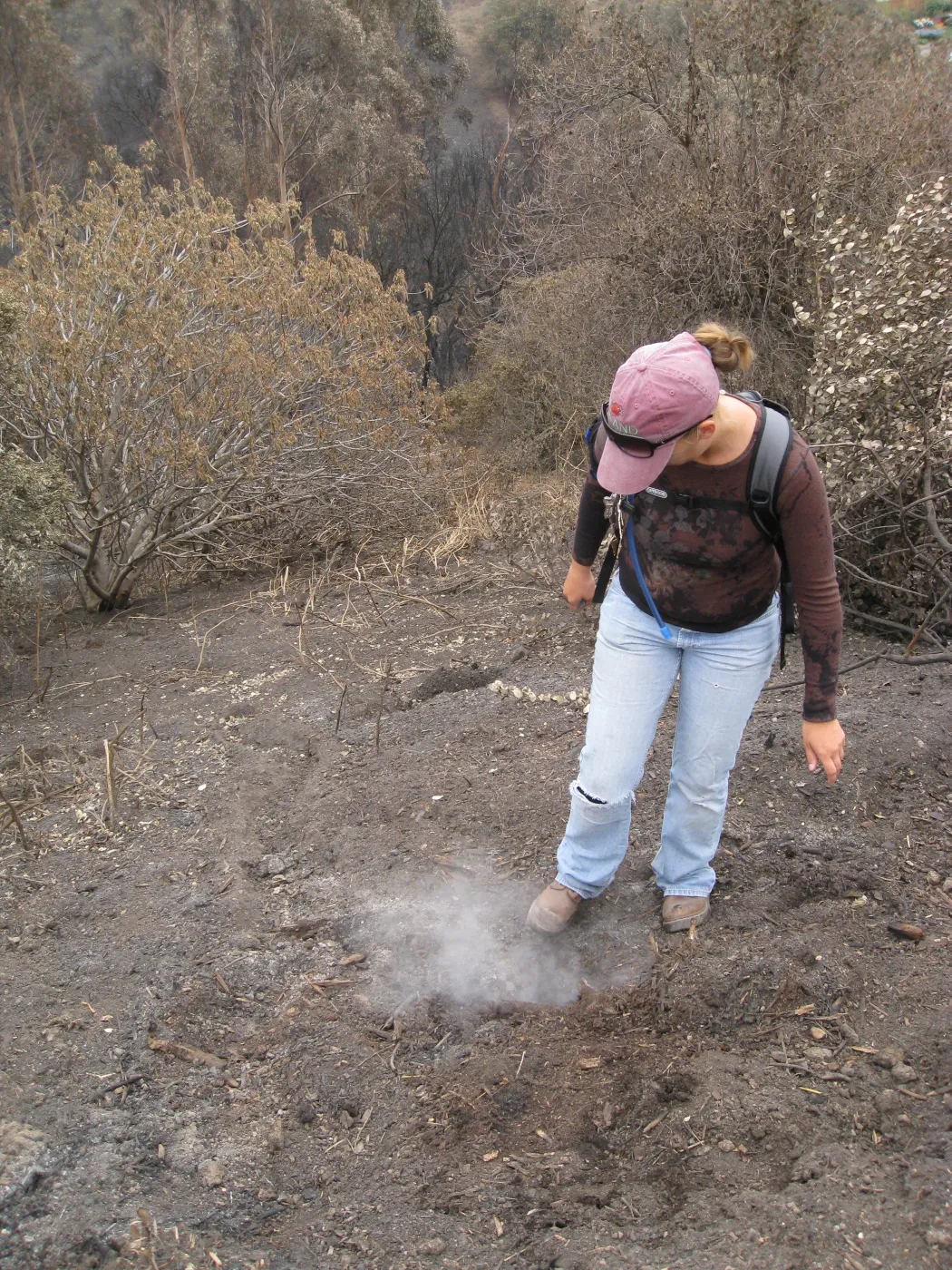 Heather Wehnau putting out hot spot at chip pile after the Jesusita Fire