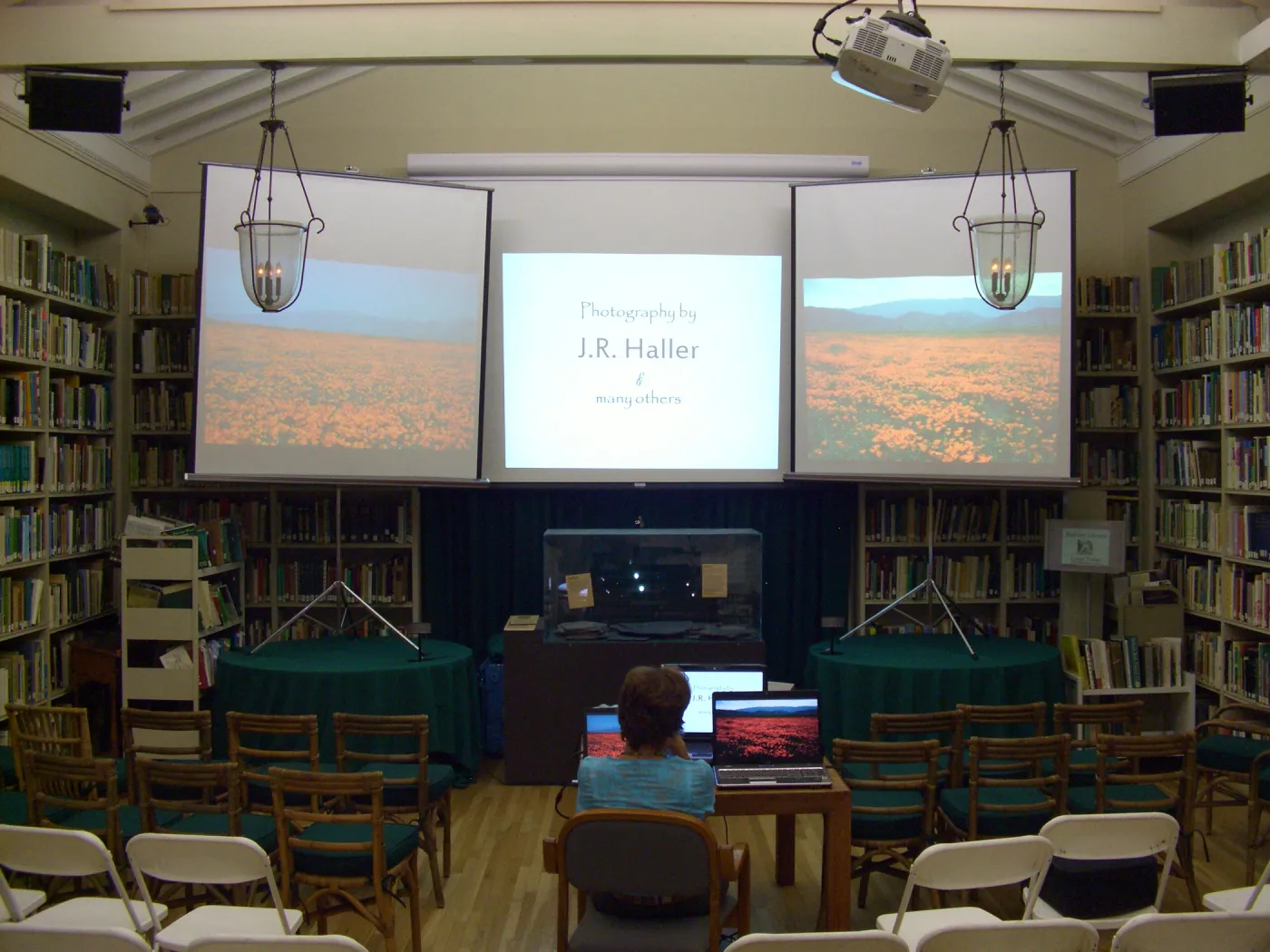 Preparing multimedia show for party celebrating Bob Haller's 80th year, three screens