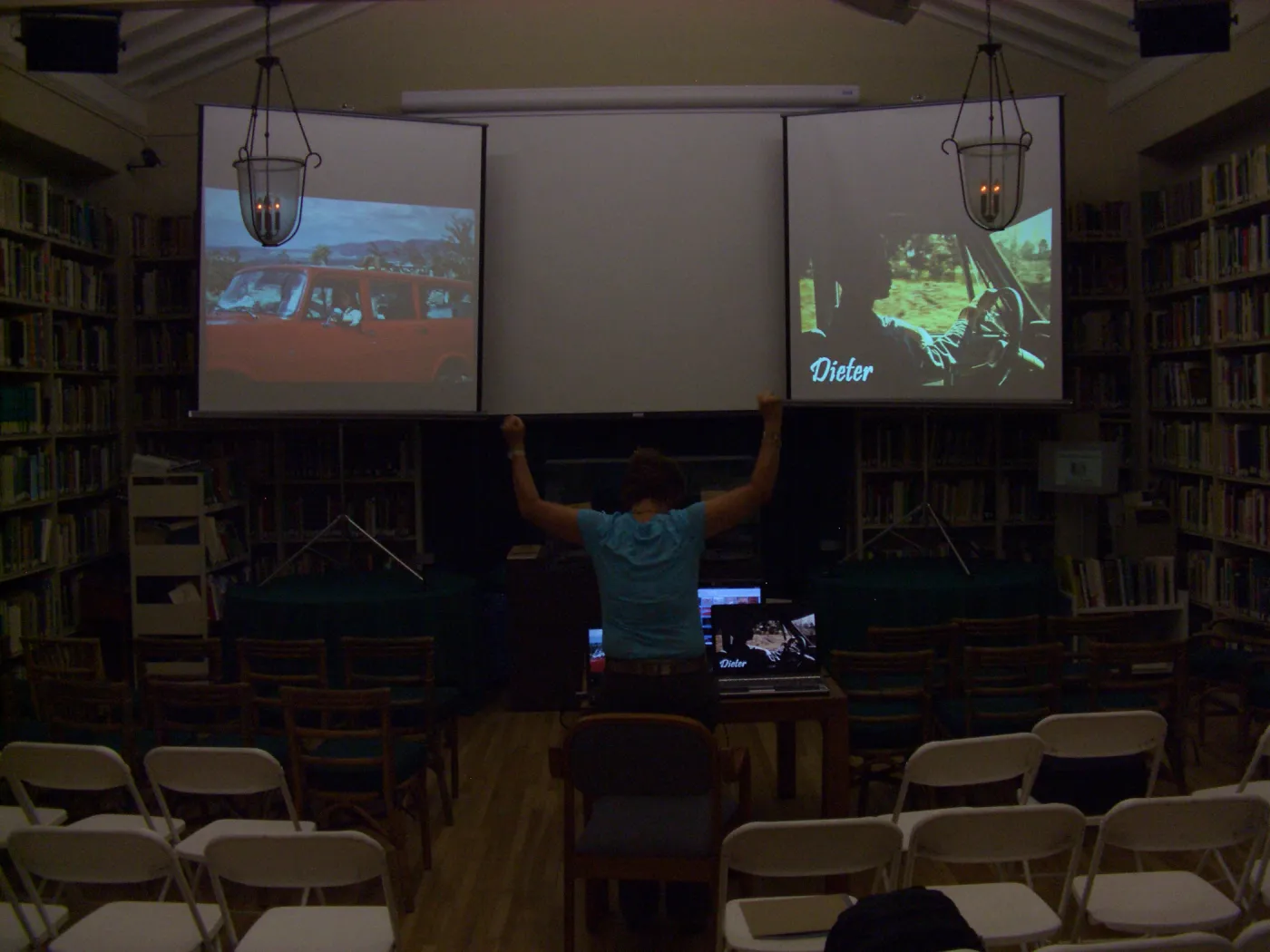Preparing multimedia show for party celebrating Bob Haller's 80th year, three screens