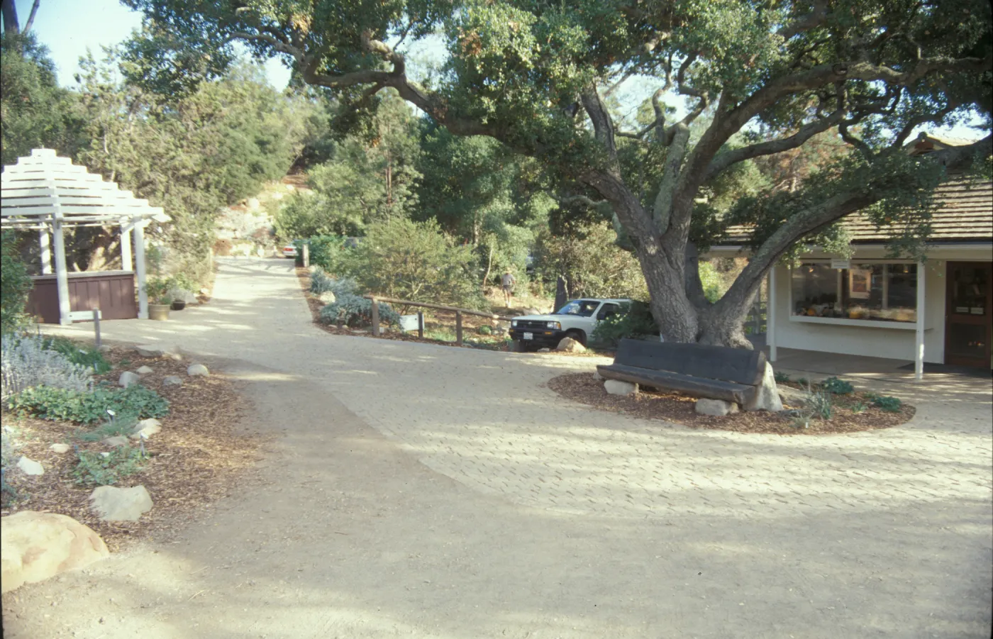 Garden Entrance Display, Entrance kiosk, wood bench under the entrance oak