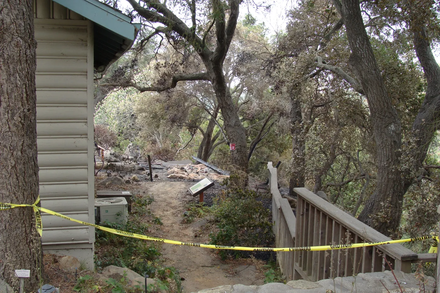 The Home Demonstration Garden Deck and railing along the canyon rim, Santa Barbara Botanic Garden, after the Jesusita Fire