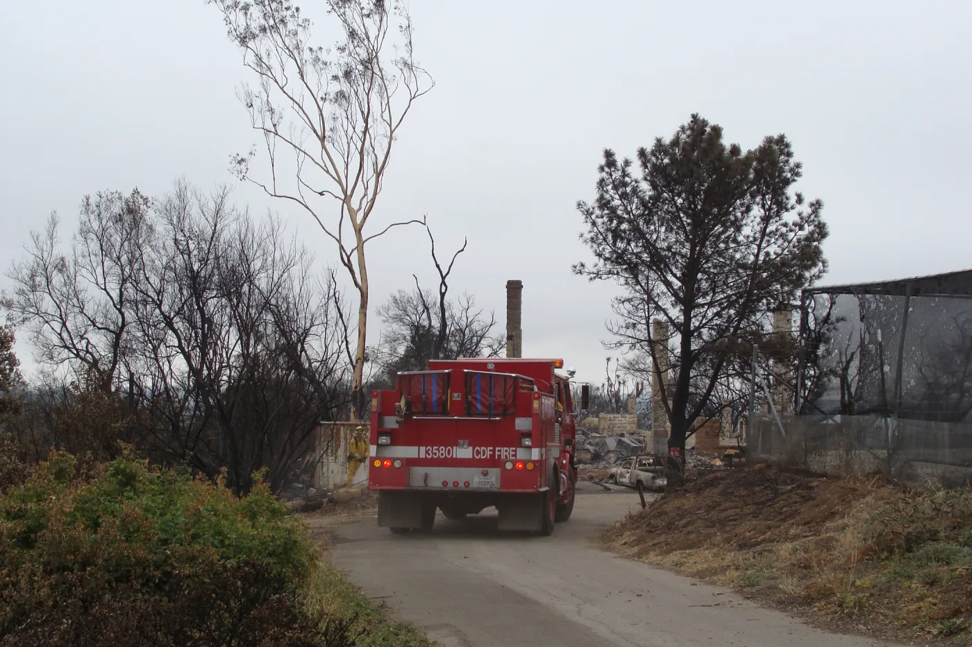 CDF fire engine at the Gane House site, after the Jesusita Fire
