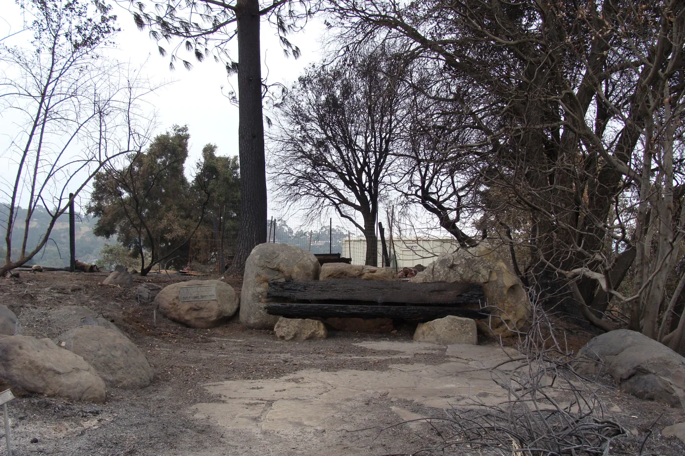 burned Mr. and Mrs. William Stratton Porter Bench (bench #64) on the Porter Trail, after the Jesusita Fire