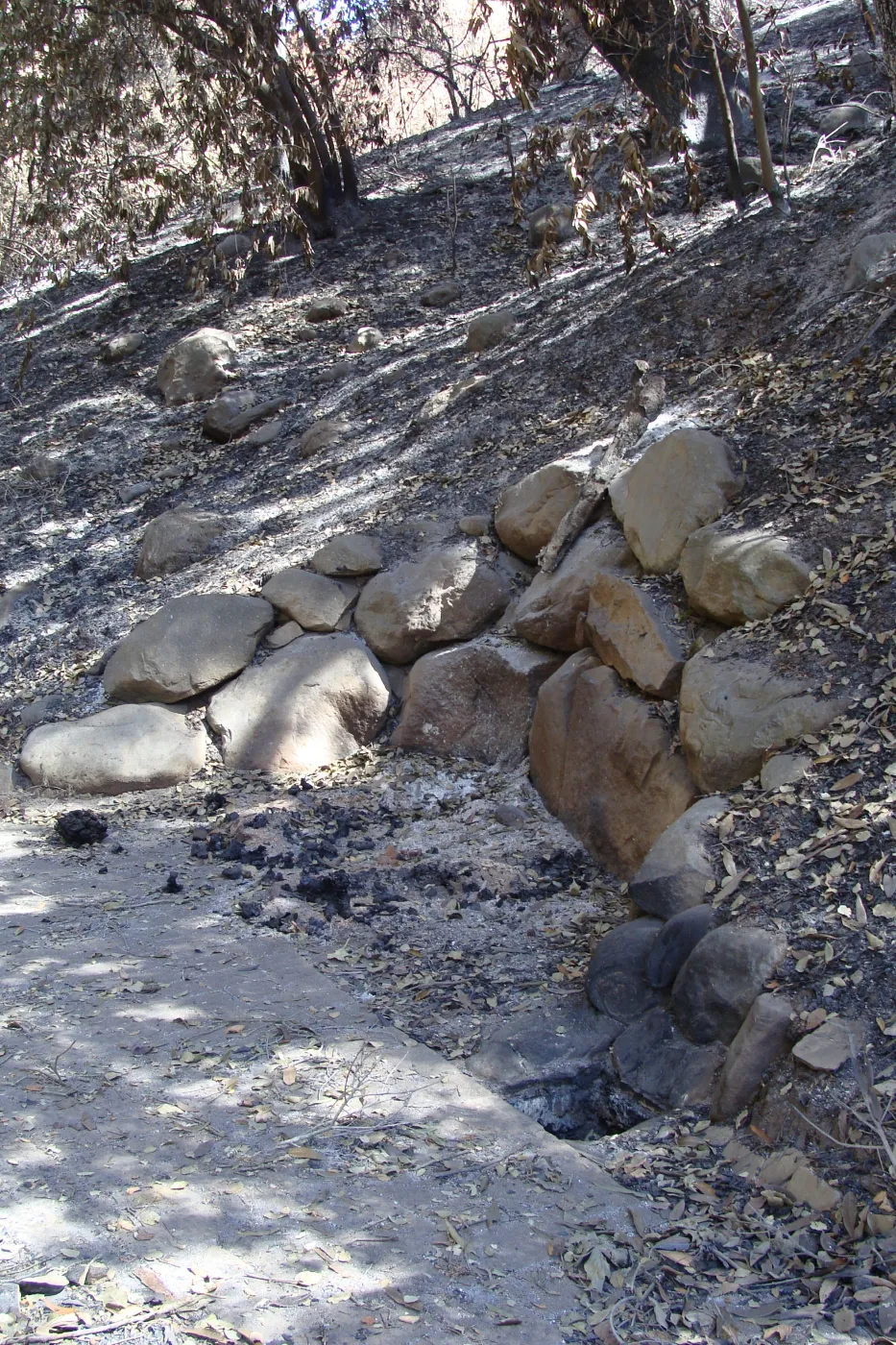 burned wood bench location on pavered path down to the Redwood Section, after the Jesusita Fire