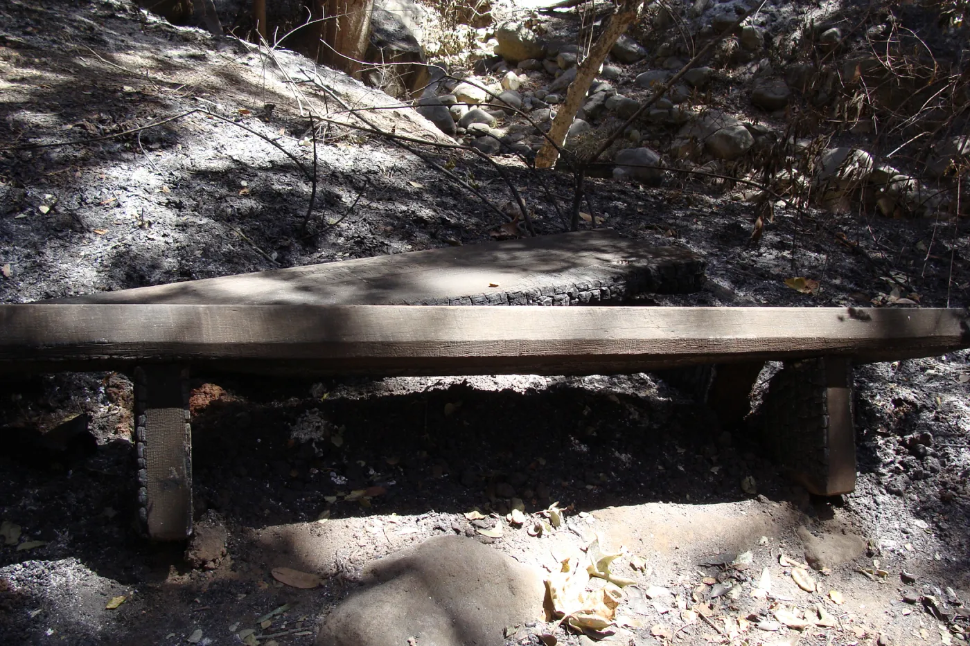 burned wood bench on the Canyon Trail near the Campbell Bridge, after the Jesusita Fire