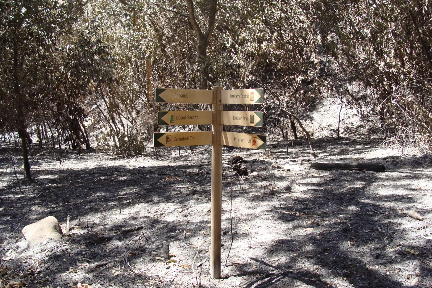 Directional signage at the Campbell Bridge and Canyon Trail intersection, after the Jesusita Fire