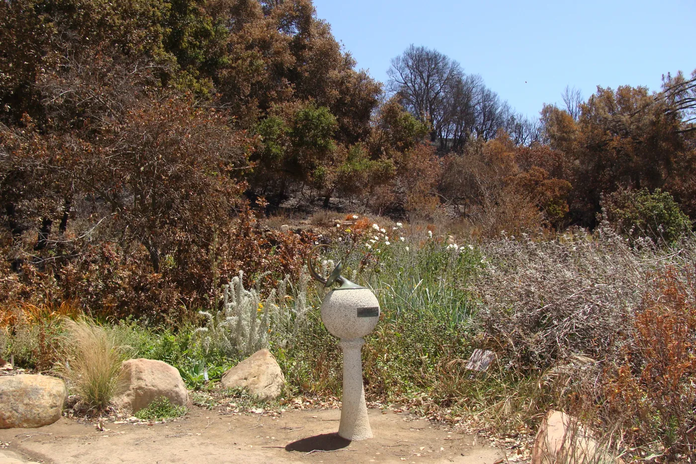 Sundial at the top of the Meadow, after the Jesusita Fire