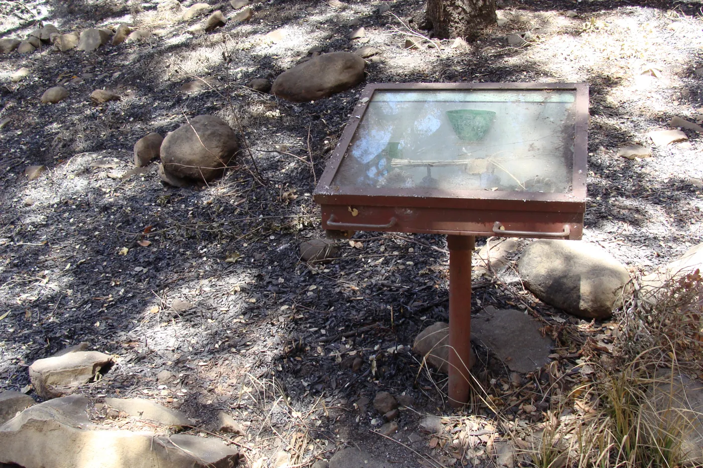 Fiber Arts Display case, after the Jesusita Fire