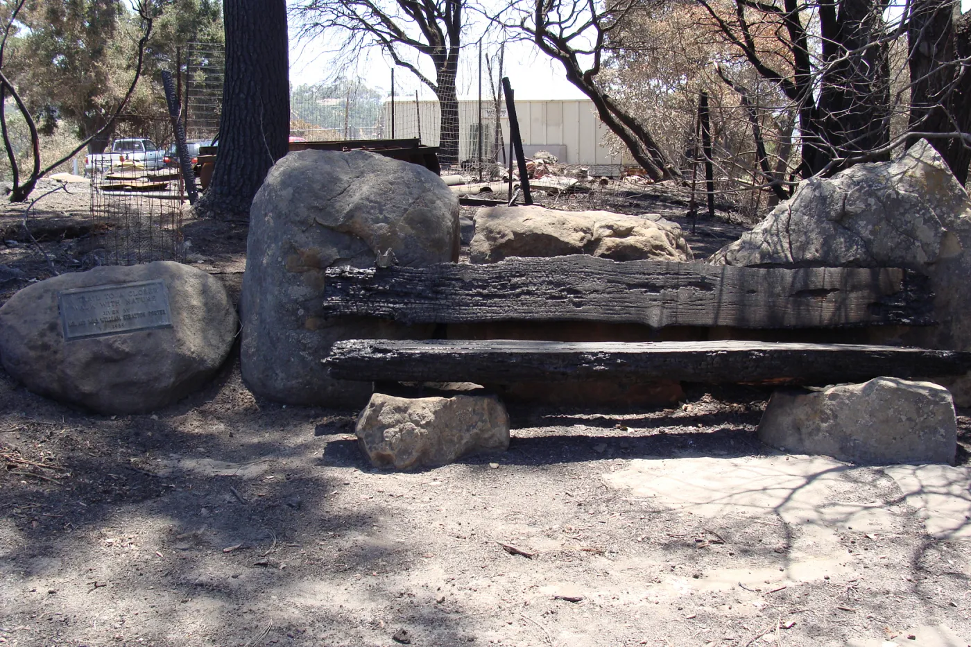 burned Mr. and Mrs. William Stratton Porter Bench (bench #64), after the Jesusita Fire