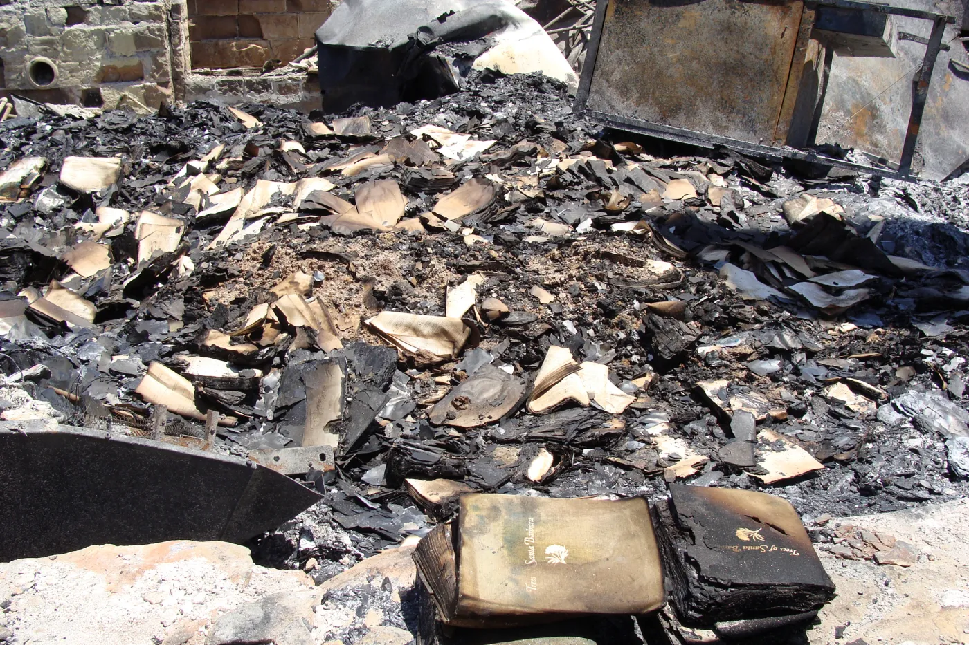 burned copies of 'Trees of Santa Barbara', at the Gane/Lotterhos building site, after the Jesusita Fire