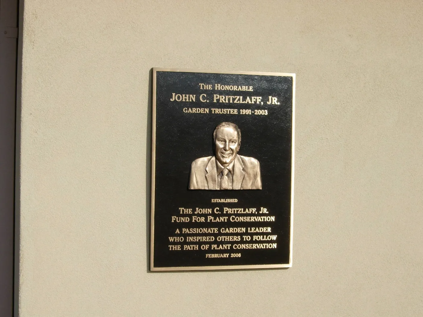 plaque honoring John C. Pritzlaff, Jr., Dedication of new Conservation facility, SBBG 2006 Projects
