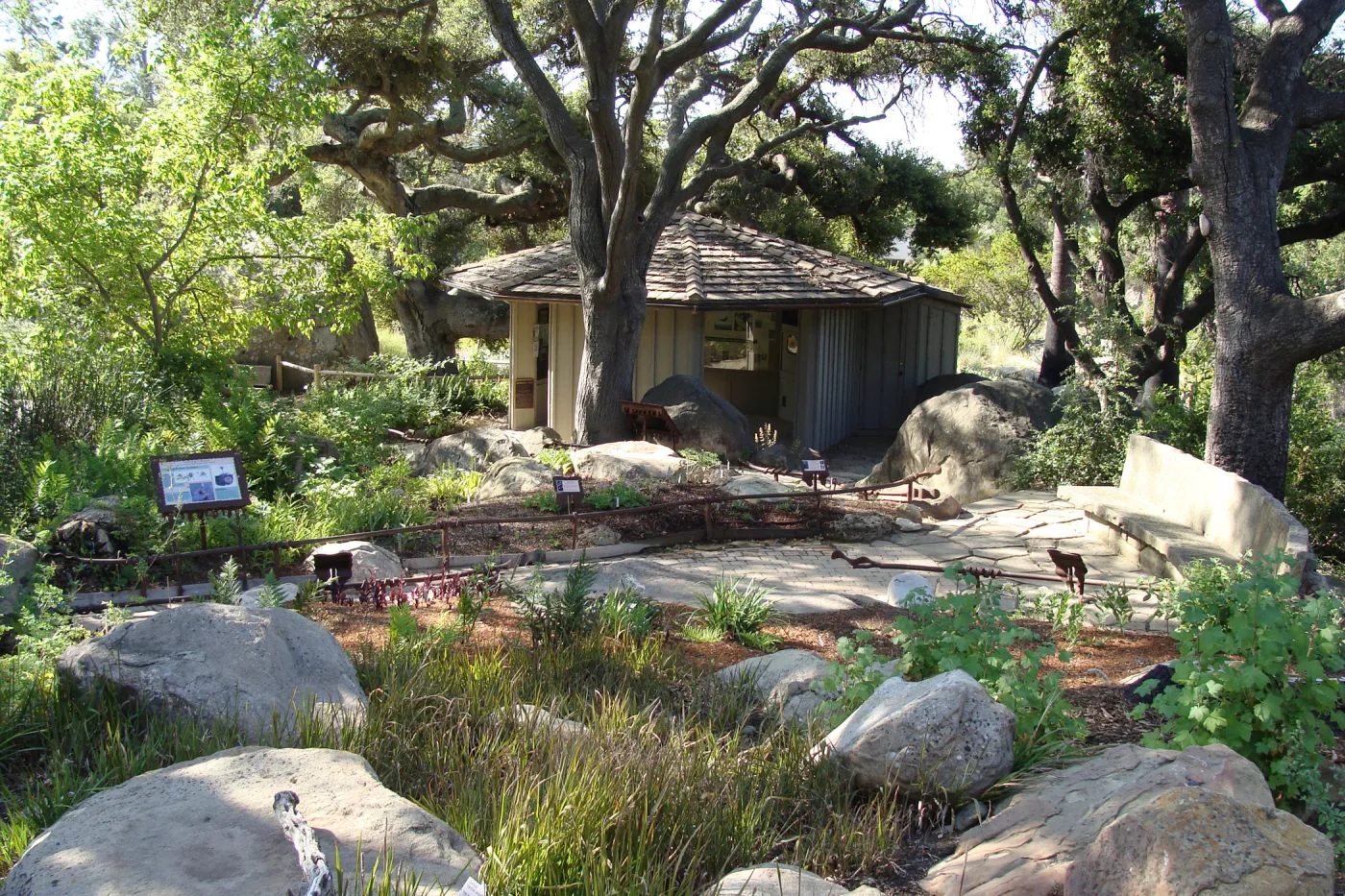 Information Kiosk, view from the Meadow Pond and Brook and Orchid Display side, SBBG 2 years after the Jesusita Fire