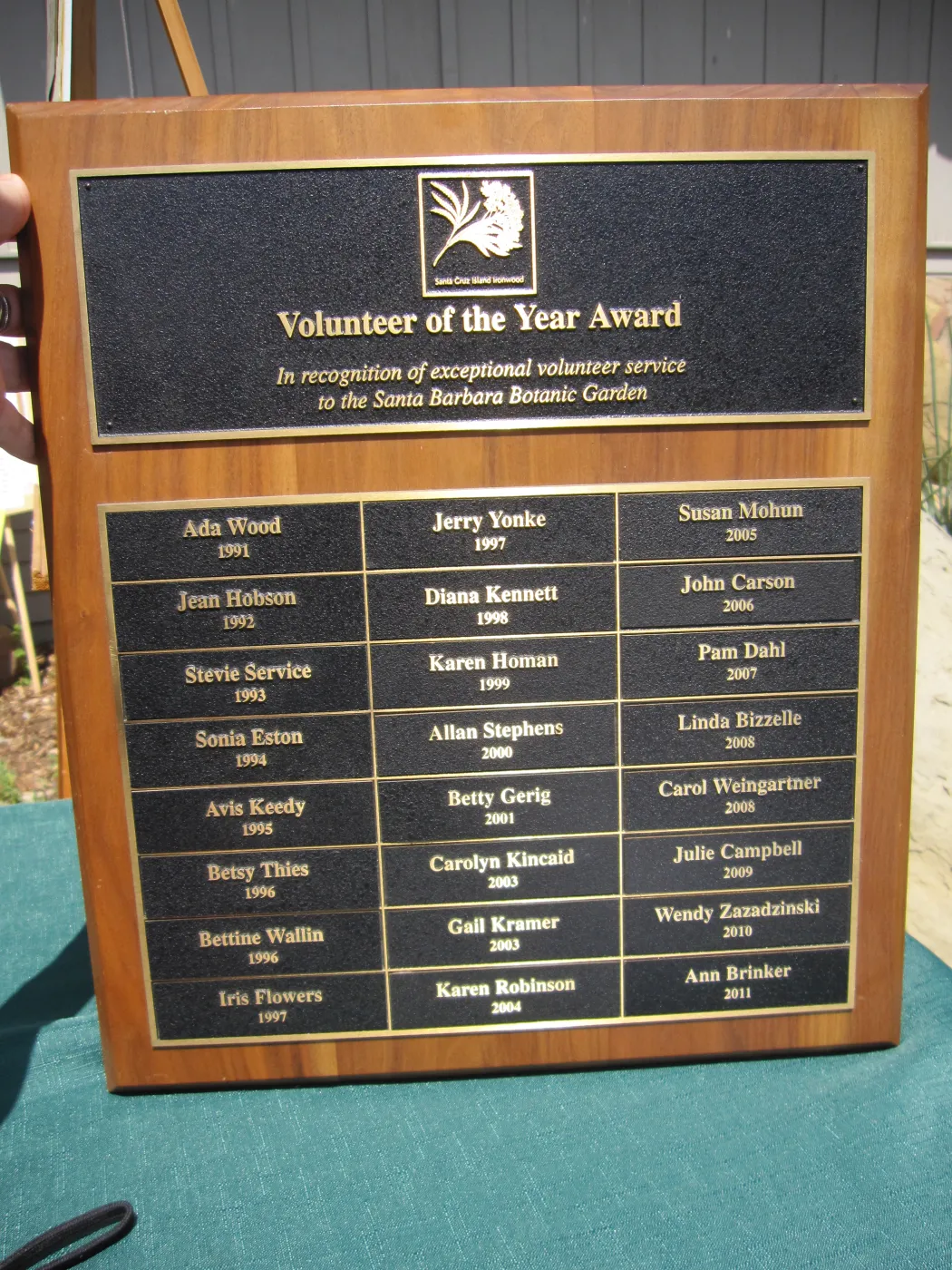 Volunteer of the Year perpetual plaque, SBBG Volunteer Luncheon, 2011