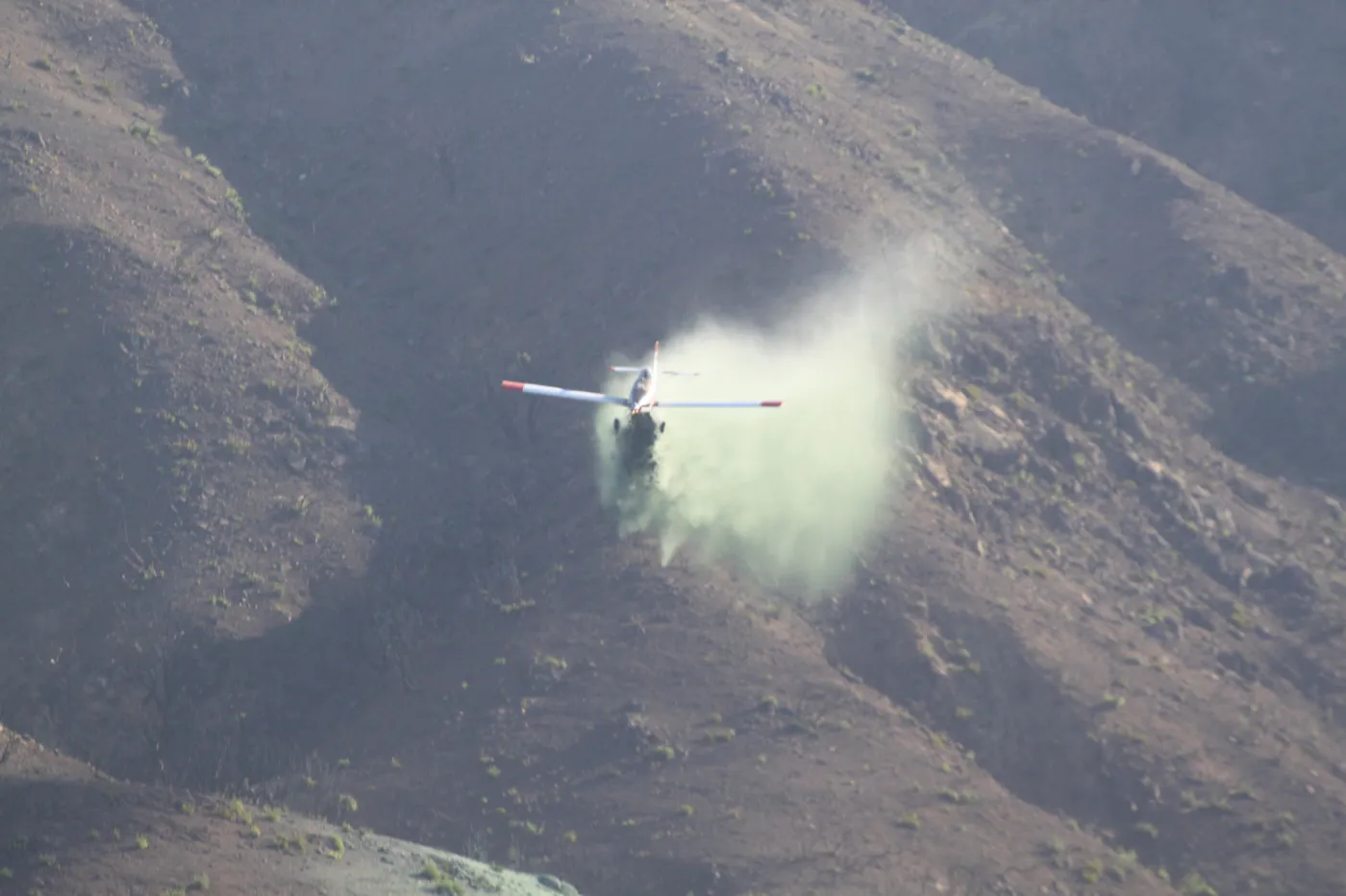 hydromulching by airplane, Santa Ynez mountains, after the Jesusita Fire, 2009