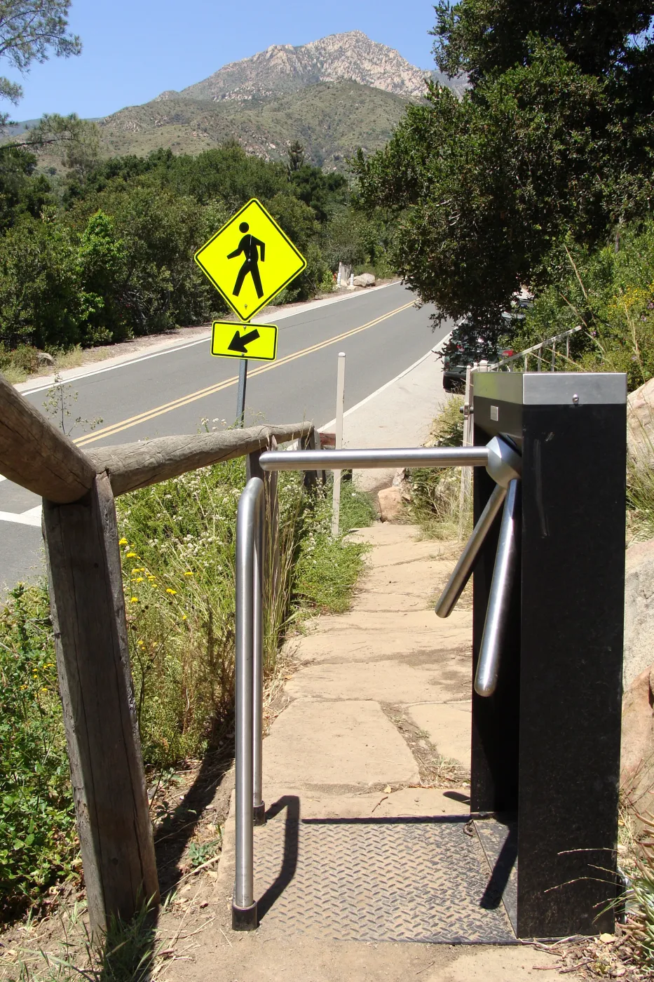 turnstiles installed at Porter Trail entrance, above Mission Canyon Road, SBBG, 2011