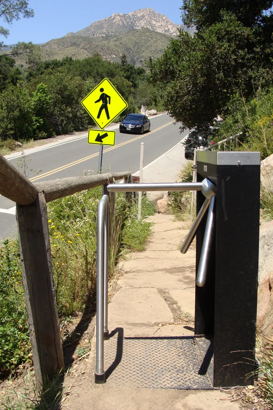 turnstiles installed at Porter Trail entrance, above Mission Canyon Road, SBBG, 2011
