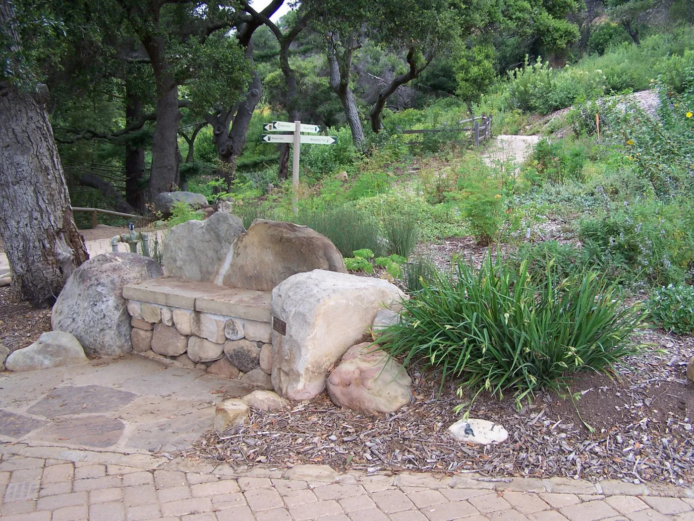 Meadow View planting area, stone bench