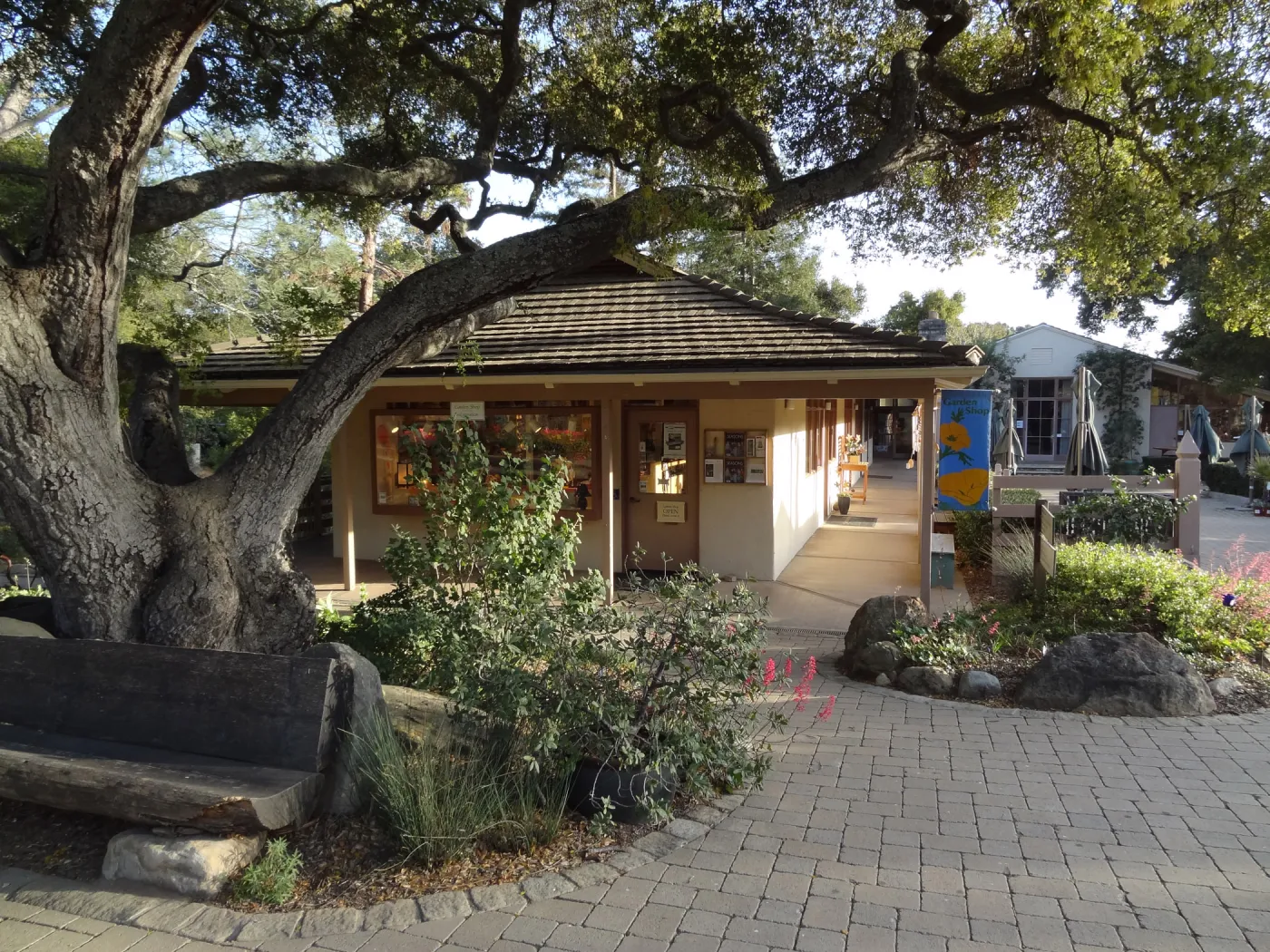 SBBG Entrance, Garden Gift Shop, North Wing, evening sunlight