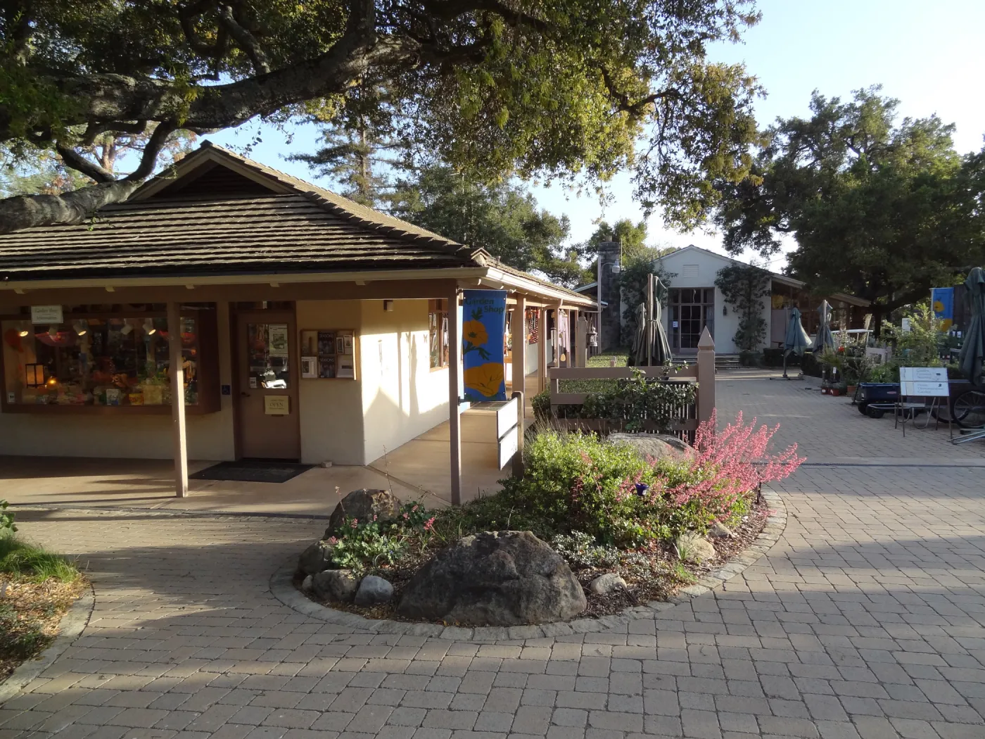 SBBG Entrance, Garden Gift Shop, North Wing, evening sunlight