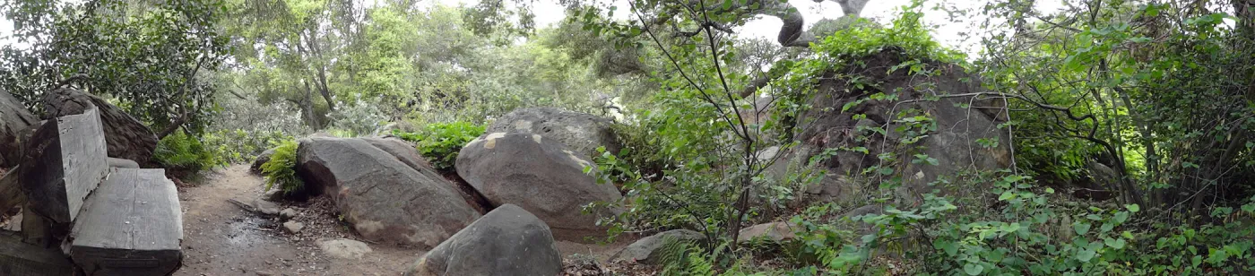 wood bench, rock pool, Manzanita Section, panorama