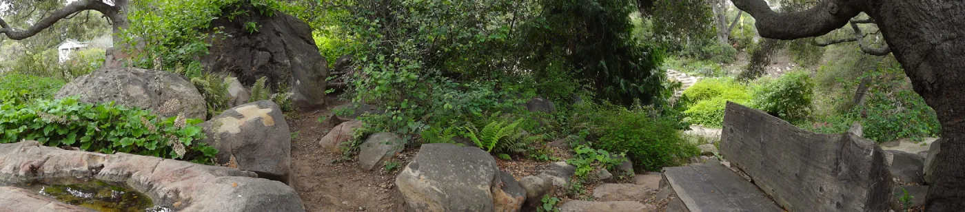wood bench, rock pool, Manzanita Section, panorama