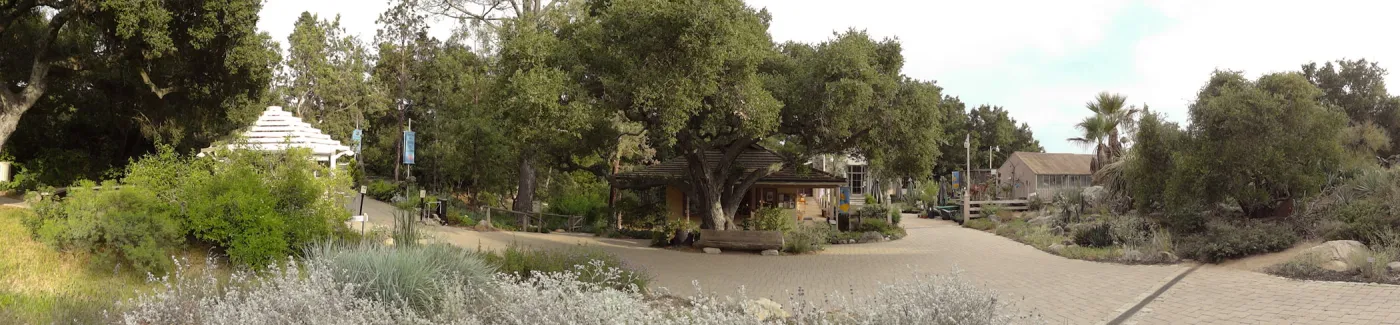 view from Meadow to Entrance Kiosk, Gift Shop, Desert Section, panorama