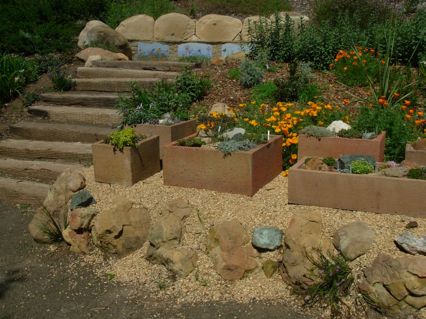 trough display garden, Meadow View, SBBG, mosaic on stone bench