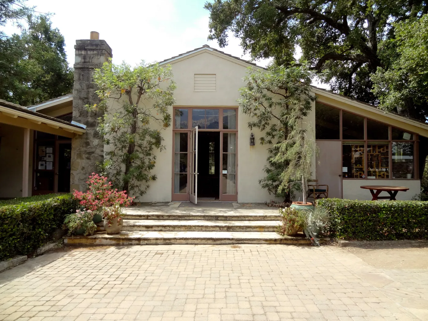 Blaksley Library, Courtyard entrance, potted plants on steps, espaliered Santa Cruz island Ironwood