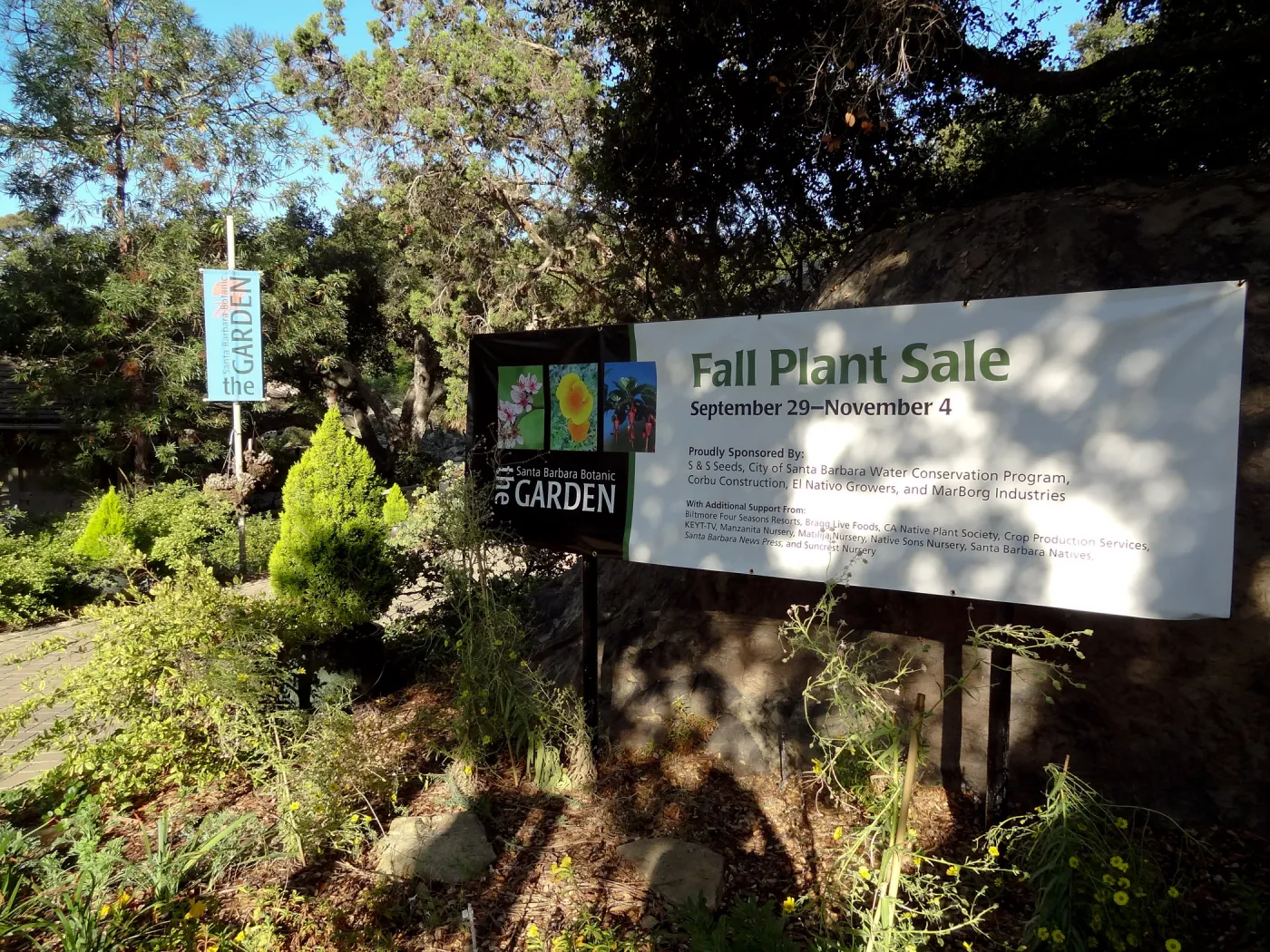 Fall Plant Sale banner, entrance boulders