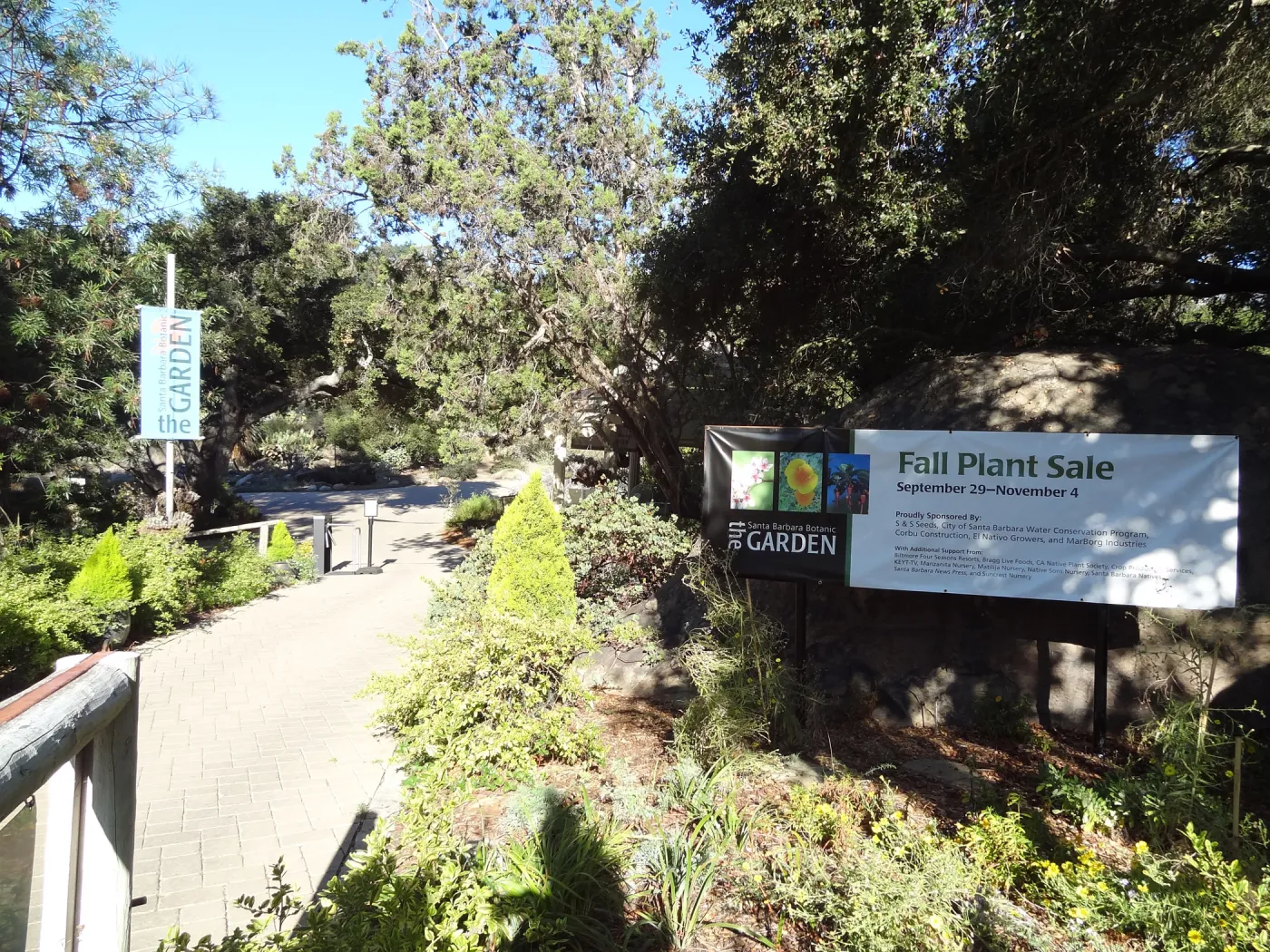 Fall Plant Sale banner, entrance boulders