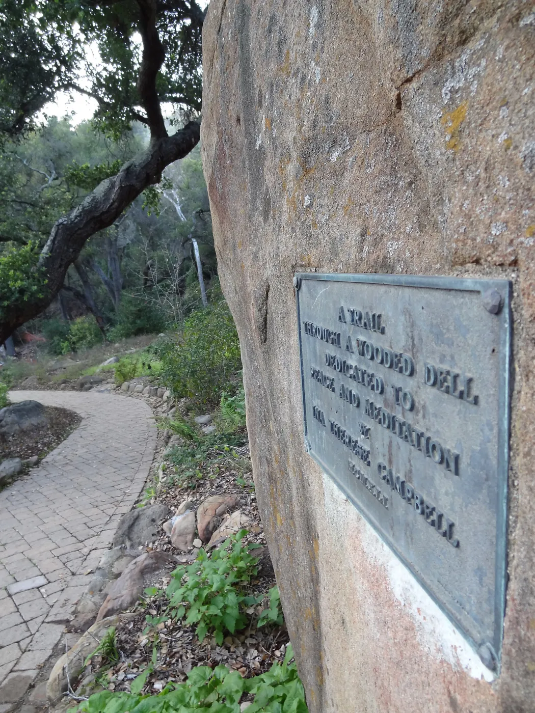 Campbell Trail, plaque on boulder, Spring in the Garden, February 2013, SBBG