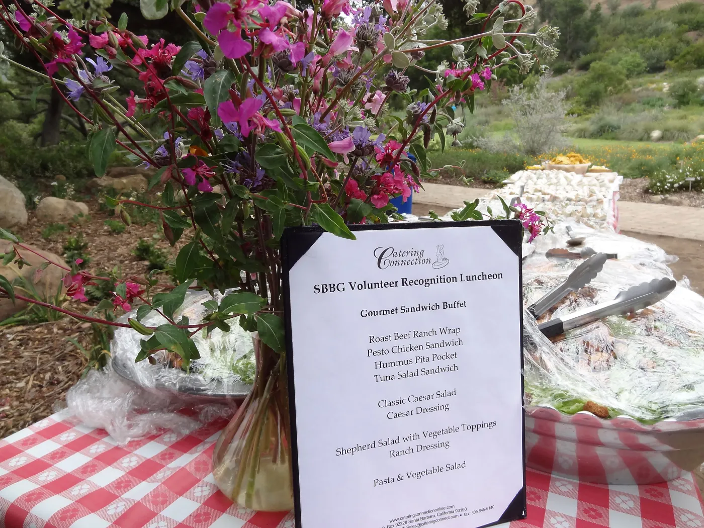 Volunteer Recognition event 2013, floral arrangement with wildflowers from the Garden, buffet table and menu