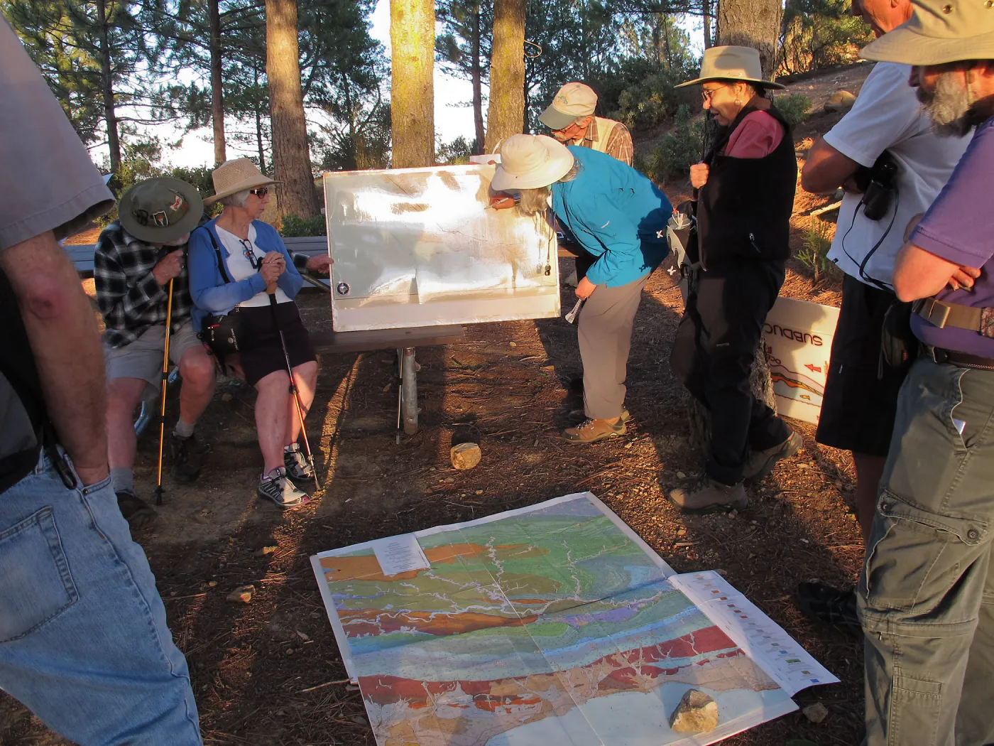 La Cumbre Peak: Sunset on the Sandstone day trip, Susie Bartz draws in the major faults on a map of Southern California to explain of the geologic history of Santa Barbara County 